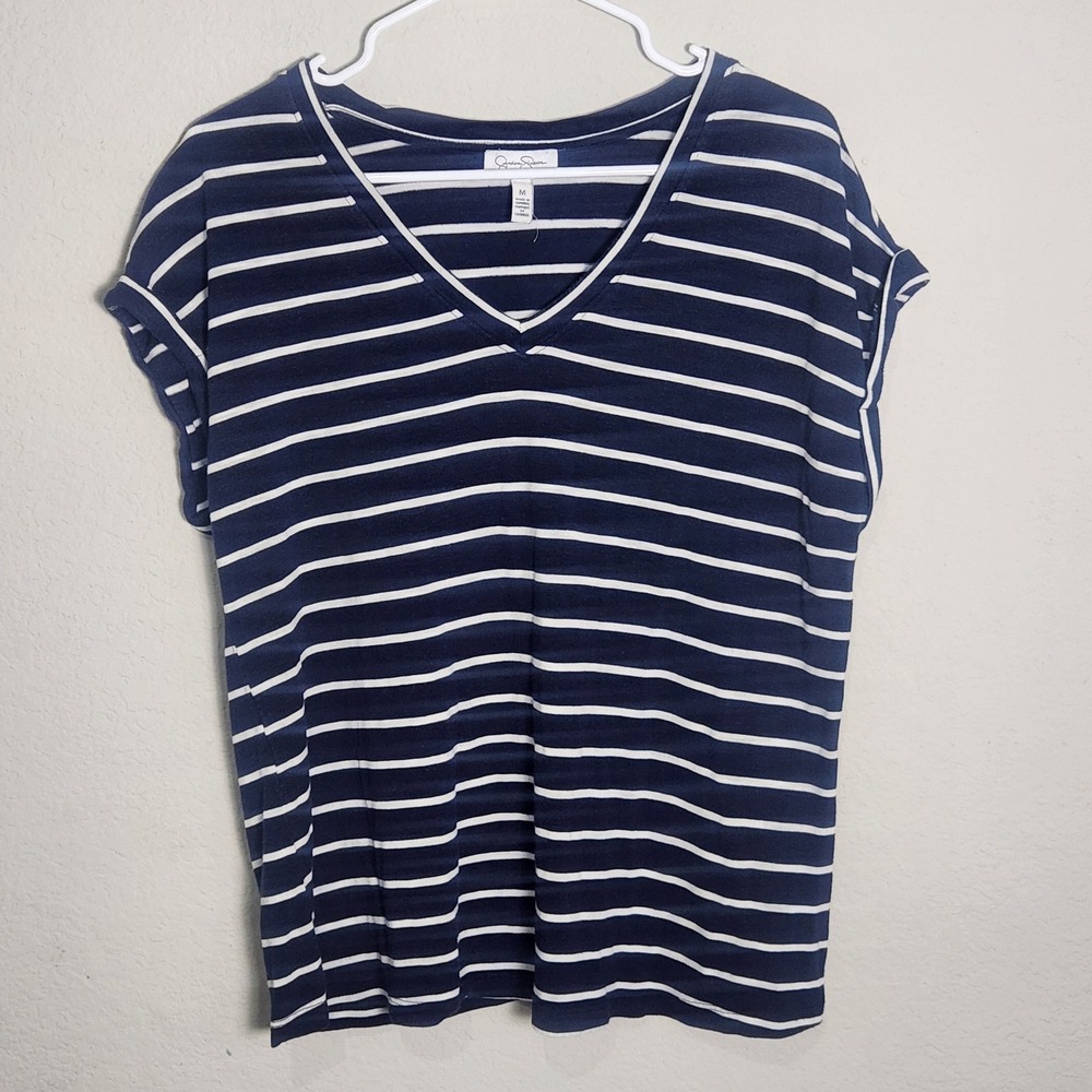 Jessica Simpson Women M Navy White Stripe V Neck Dolman Top Coastal Nautical